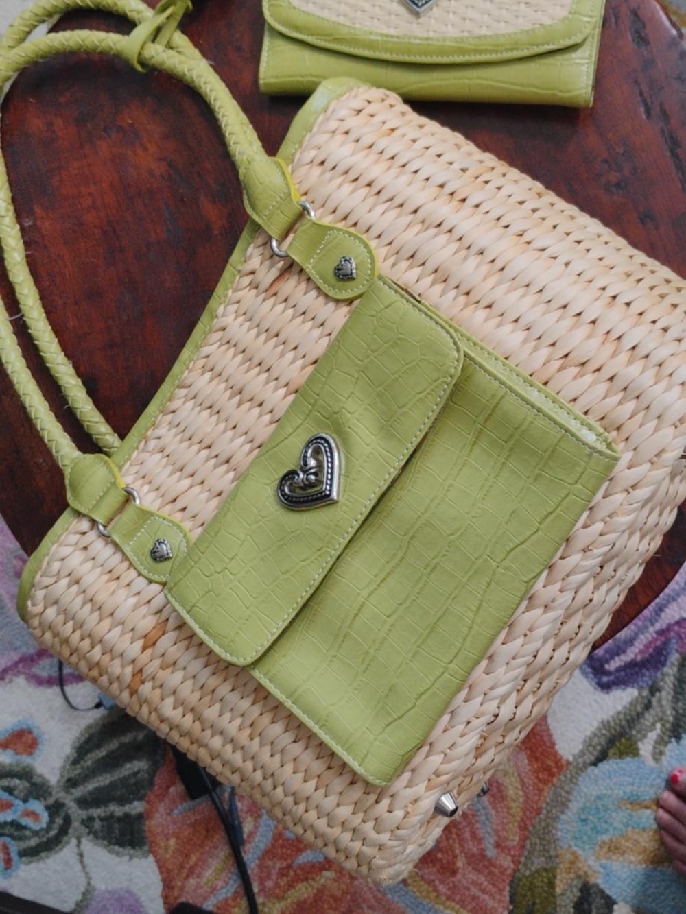 Woven Straw Tote Bag with Lime Green Trim and Heart Accent